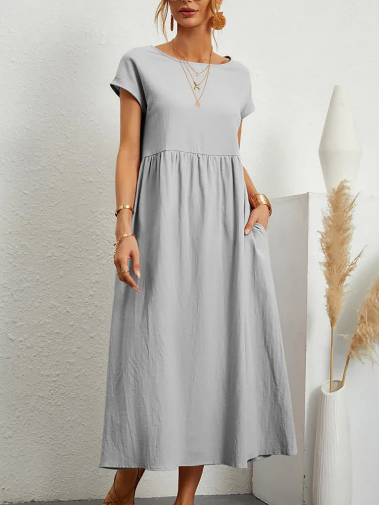 Elegantes Maxi-Kleid aus Leinen-Baumwolle, kurze Ärmel NOOR08
