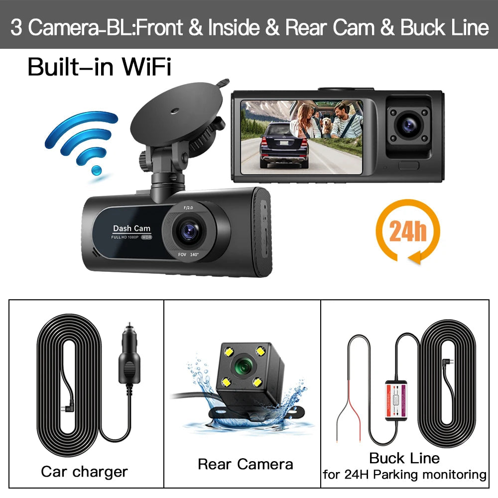 3-Kanal Dashcam Full HD 1080P | Mit Front-, Innen- & Heckkamera NOOR08