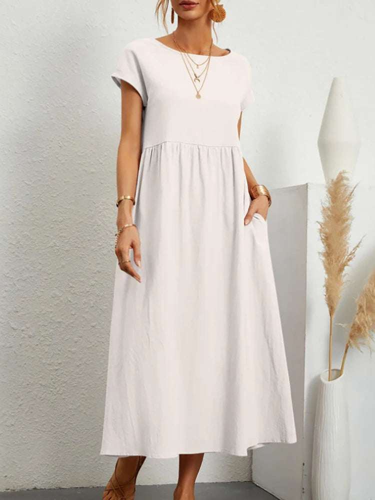 Elegantes Maxi-Kleid aus Leinen-Baumwolle, kurze Ärmel NOOR08