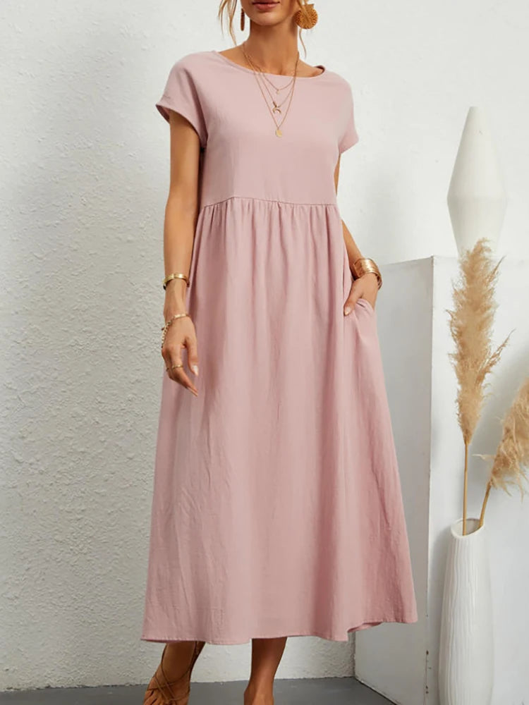 Elegantes Maxi-Kleid aus Leinen-Baumwolle, kurze Ärmel NOOR08