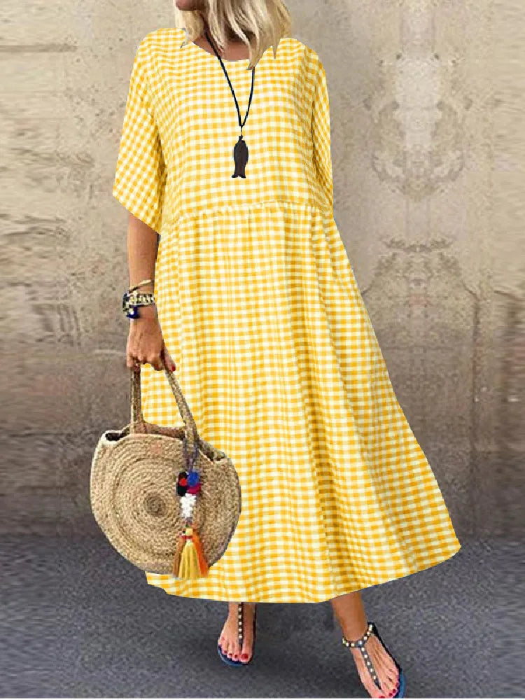 ZANZEA Sommer 2025 Bohemian Maxi-Kleid mit elegantem Karo-Muster NOOR08