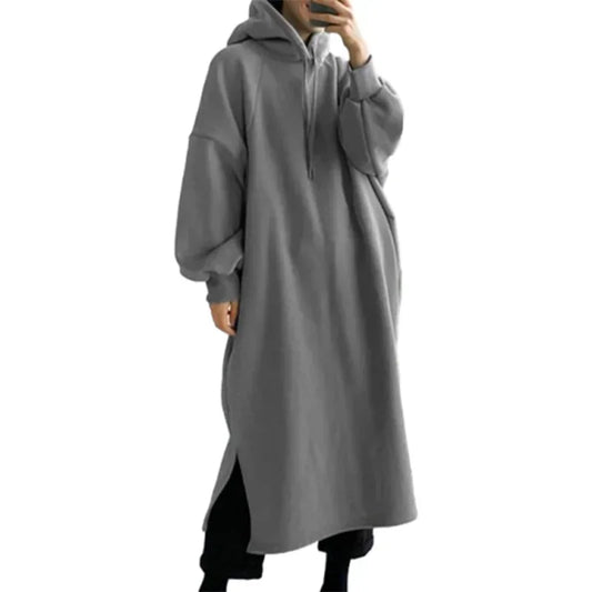Warmer, langer Damen-Hoodie für Herbst/Winter. Doppel-Taschen, Kapuze und dicke, einfarbige Ausführung. Bequemer, lässiger und warmer Pullover.

