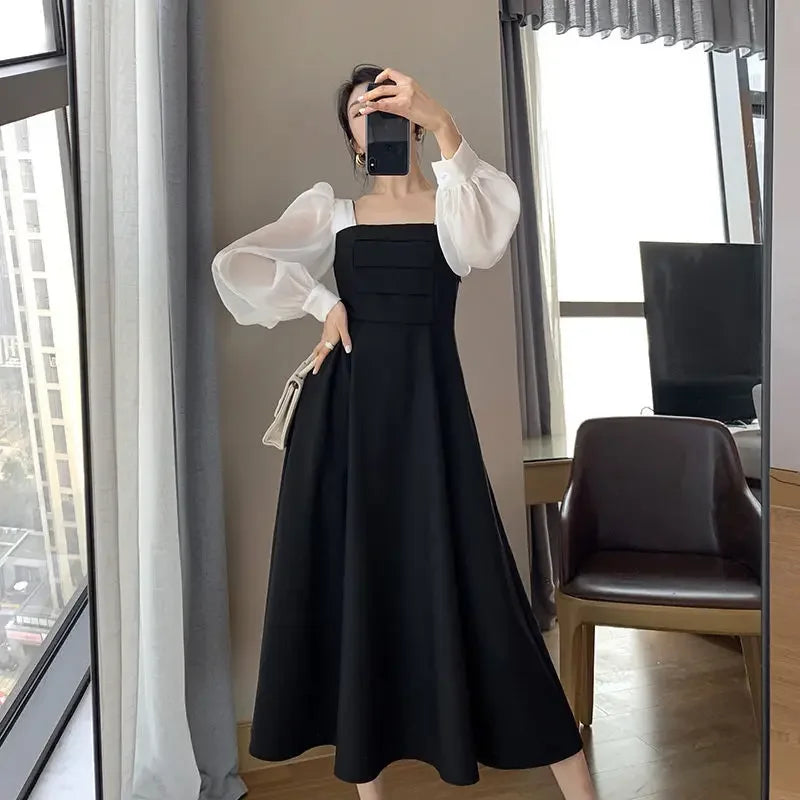 Langes Vintage-Kleid im französischen Stil, Schwarz, mit Schnürung NOOR08