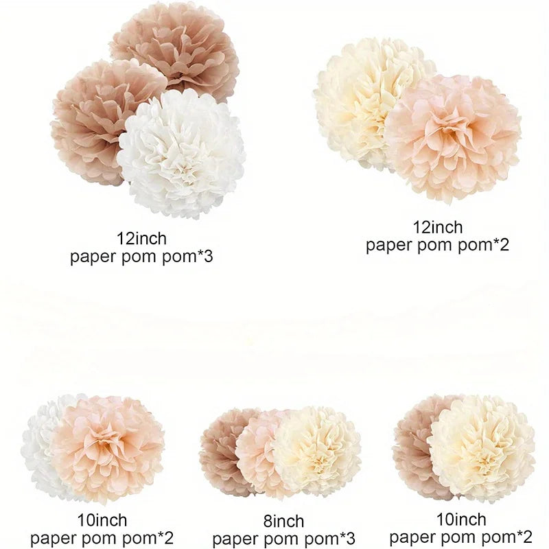 12er Set Papier Pom Poms (Champagner & Cremeweiß) – Elegante Deko-Blumenbälle für Verlobung, Hochzeit & Geburtstag
