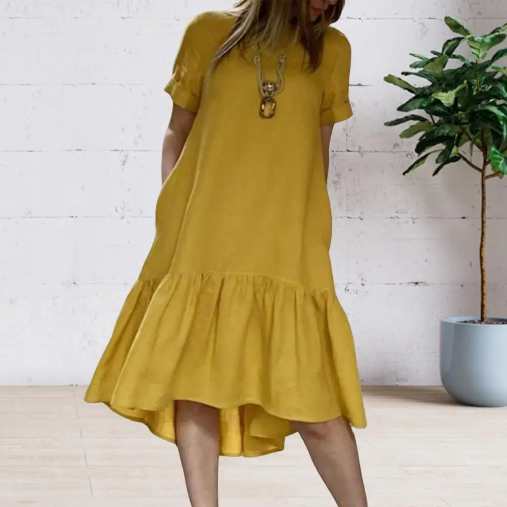 Einfarbiges Damen-Sommerkleid, A-Linie, Knielang mit Rüschensaum NOOR08