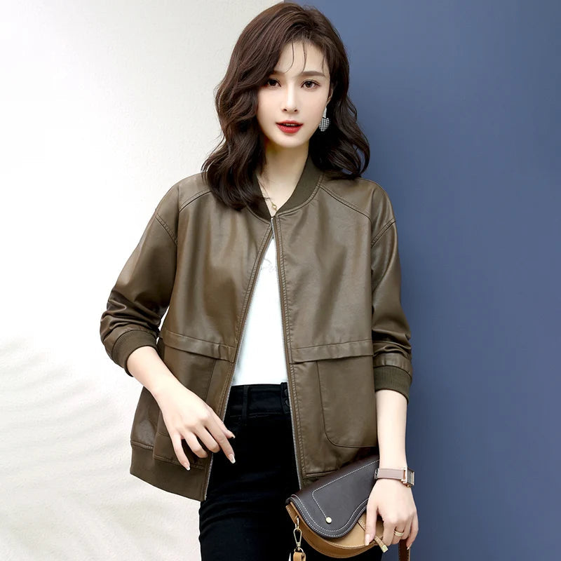 Damen-Kunstlederjacke, locker, kurz, Frühling/Herbst NOOR08