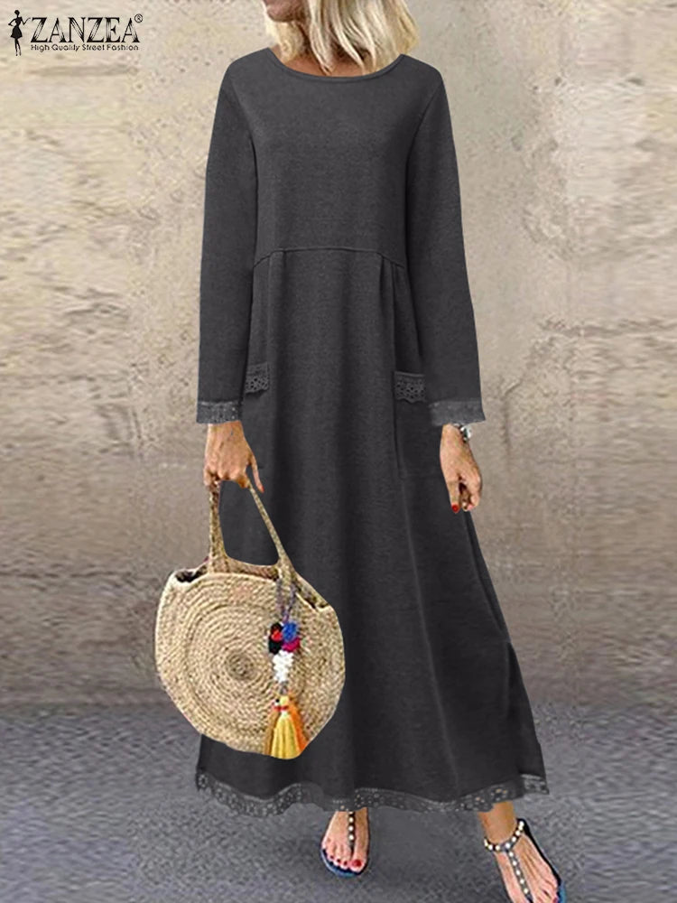 Neues, bequemes ZANZEA Sweatshirt-Kleid für Herbst 2025. Lässiger, lockerer Stil mit elegantem Spitzen-Patchwork und Rundhalsausschnitt. Ein Must-have für Ihre Garderobe!


