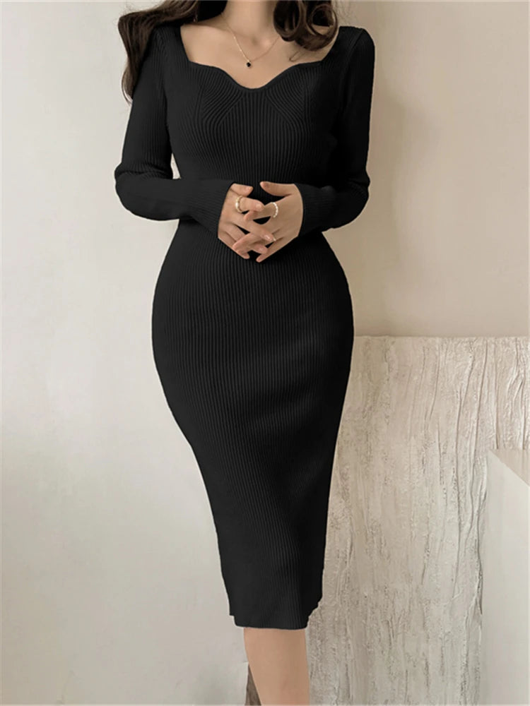 Seoulish 2025Herbst/Winter Bodycon-Strickkleid mit Wickel-Look NOOR08