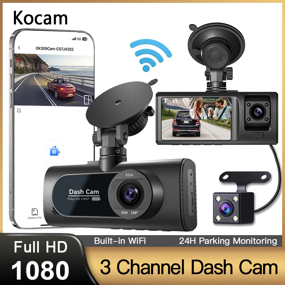 3-Kanal WLAN Dashcam (Full HD 1080P) – Auto DVR mit Front-, Innen- & Heckkamera