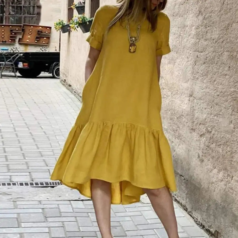Einfarbiges Damen-Sommerkleid, A-Linie, Knielang mit Rüschensaum NOOR08