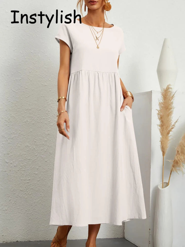 Elegantes Maxi-Kleid aus Leinen-Baumwolle, kurze Ärmel NOOR08