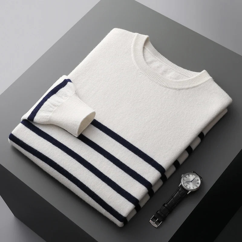 Herren-Pullover, 100% reine Wolle, Streifen, lockere Passform NOOR08