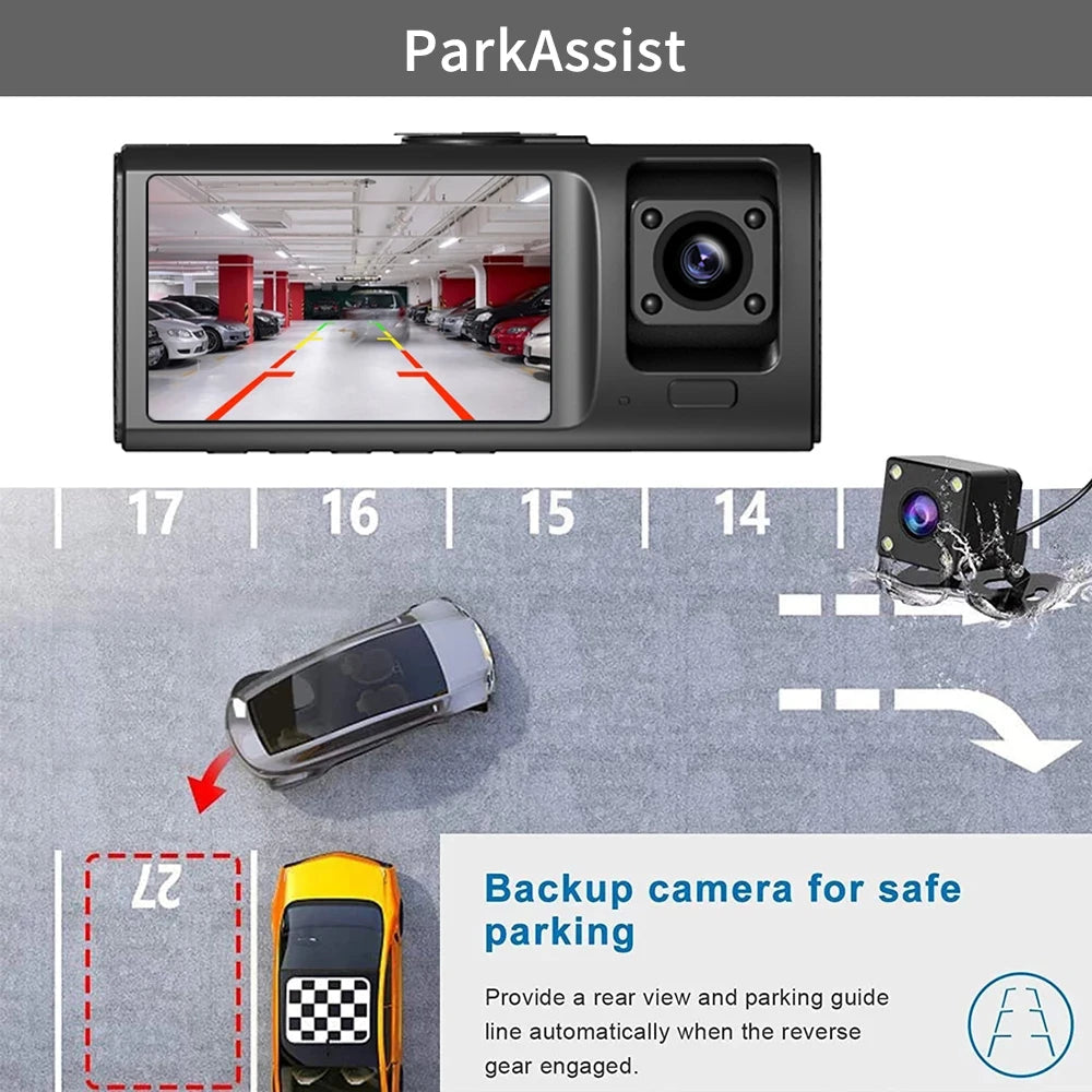 3-Kanal Dashcam Full HD 1080P | Mit Front-, Innen- & Heckkamera NOOR08