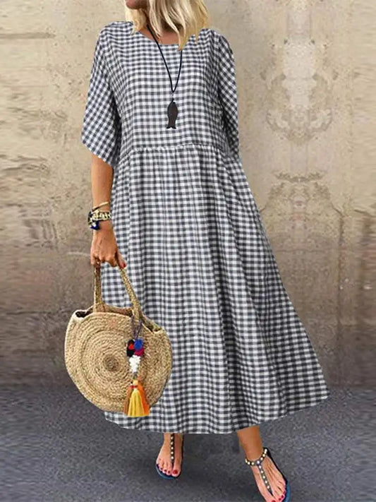 Neues Sommer-Maxi-Kleid von ZANZEA. Elegantes A-Linien-Kleid mit Karomuster, ideal für lässige Urlaubstage. Übergröße und bequeme Passform.

