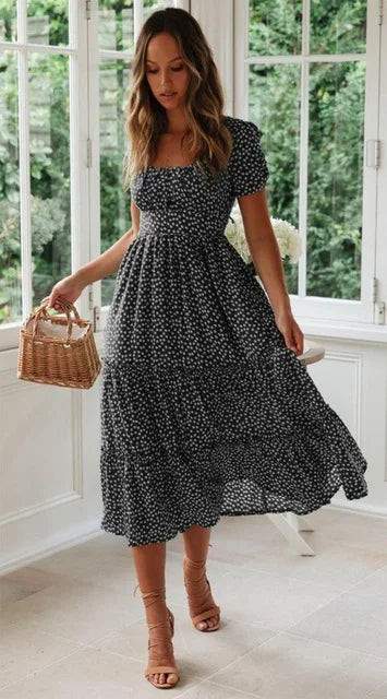 Sommerliches Boho Chiffon-Kleid mit Blumenprint und eckigem Kragen NOOR08