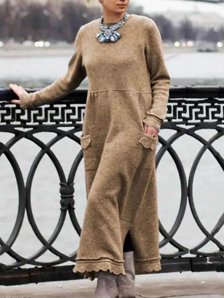 Langes Damen Maxi-Kleid für Herbst & Winter mit floraler Spitze NOOR08