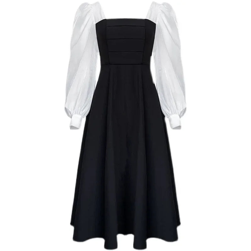 Langes Vintage-Kleid im französischen Stil, Schwarz, mit Schnürung NOOR08