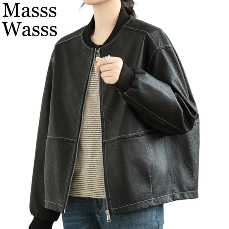 Lederjacke, Vintage, Damen, V-Ausschnitt, Windbreaker NOOR08