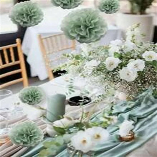 12er Set Papier Pom Poms (Weiß & Hellgrün) – Hängende Deko Blumenbälle für Hochzeit & Party
