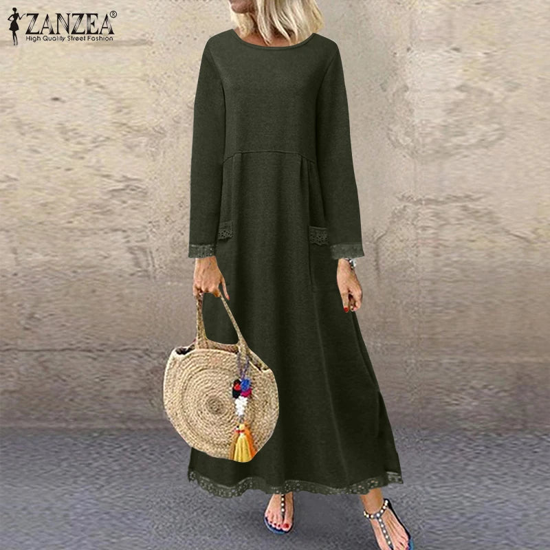 ZANZEA 2025 Herbst Sweatshirt-Kleid mit Spitze, O-Ausschnitt NOOR08