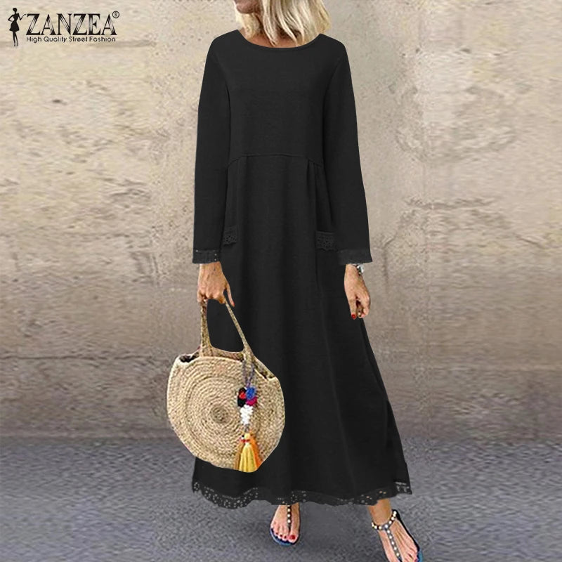 ZANZEA 2025 Herbst Sweatshirt-Kleid mit Spitze, O-Ausschnitt NOOR08