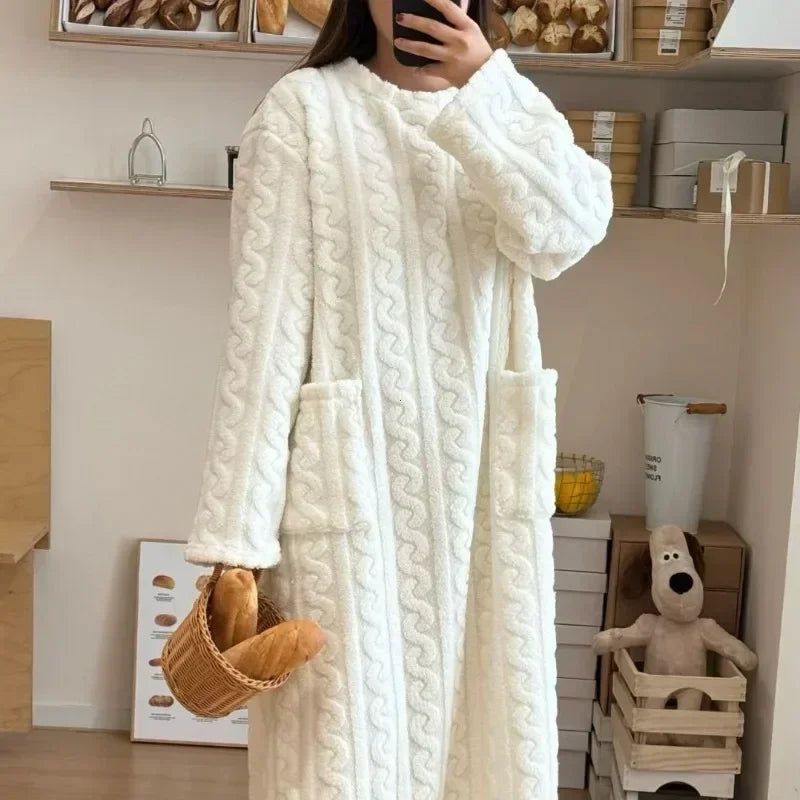 Langer Flanell-Nachtmantel für Damen, Jacquard, warm NOOR08