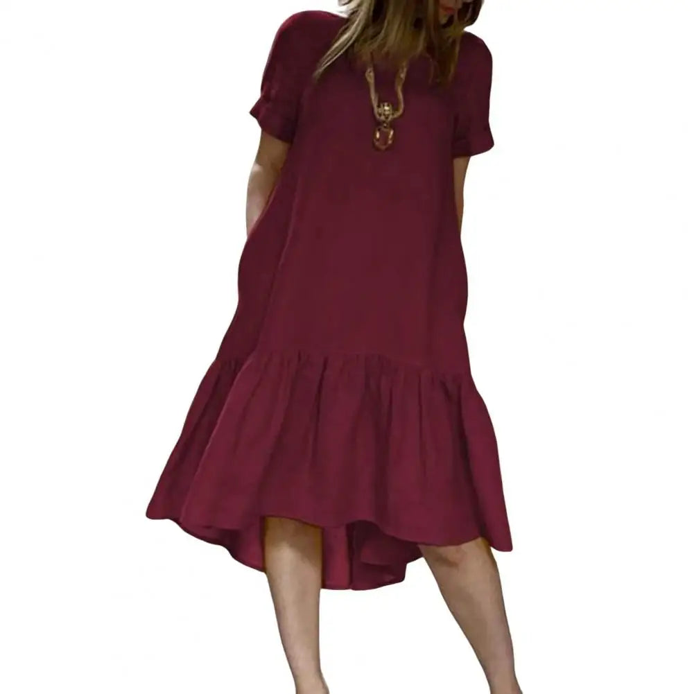 Einfarbiges Damen-Sommerkleid, A-Linie, Knielang mit Rüschensaum NOOR08