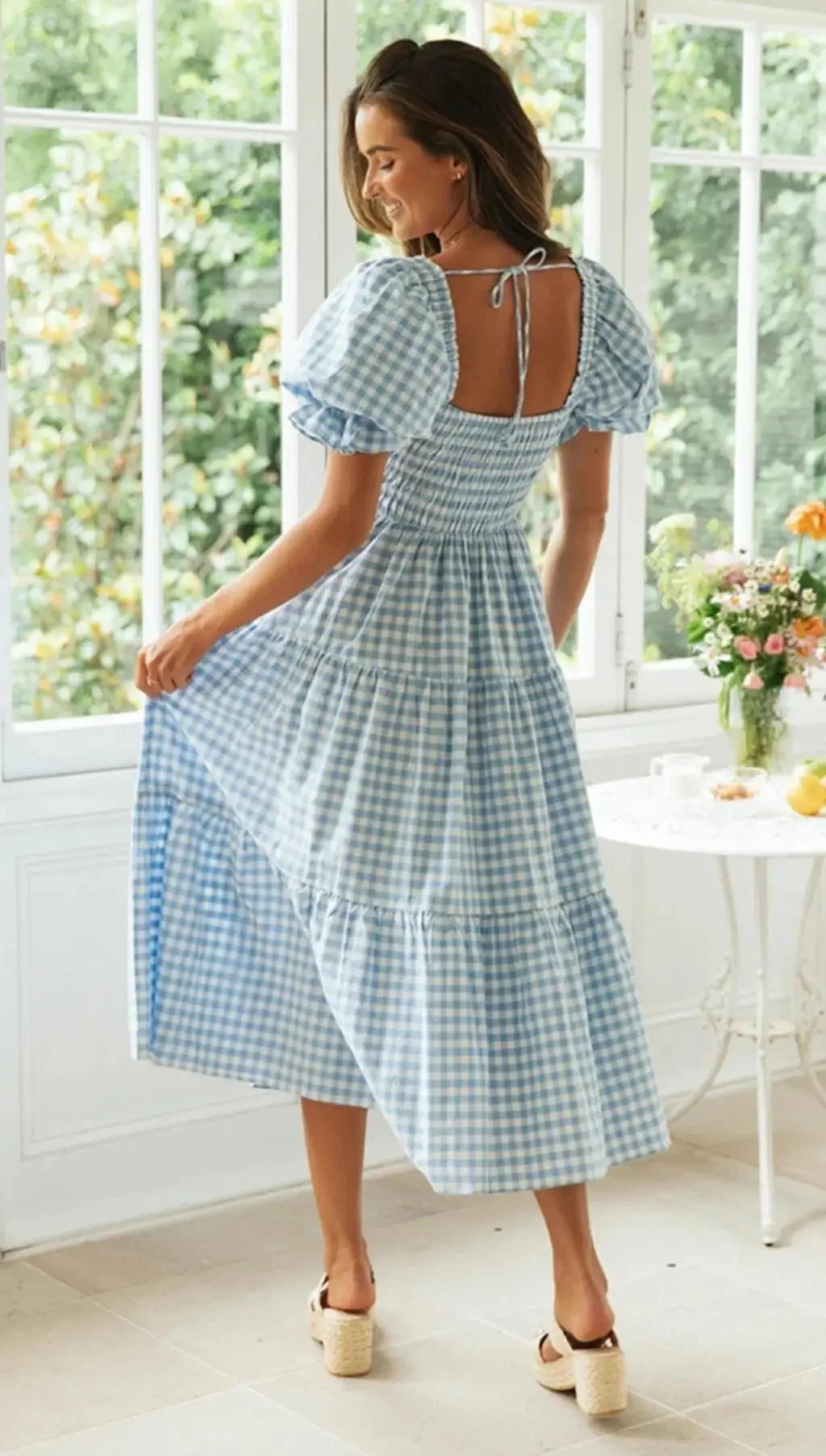 Damen Sommerkleid, kurzes Puffärmel, eckiger Kragen, kariert NOOR08