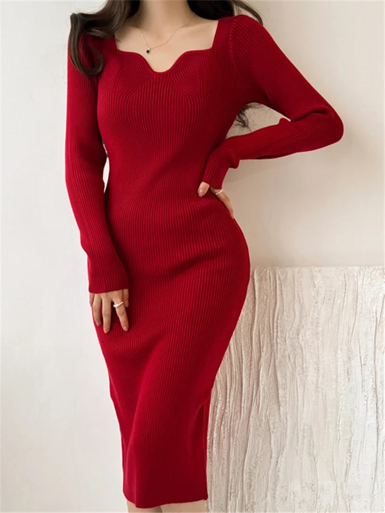 Seoulish 2025Herbst/Winter Bodycon-Strickkleid mit Wickel-Look NOOR08