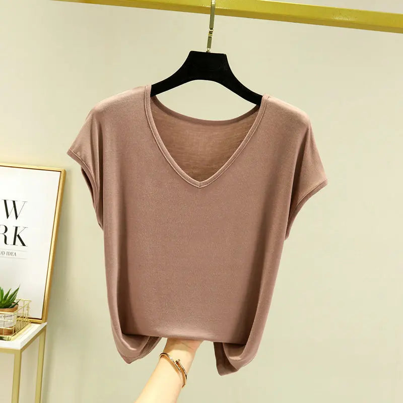 Modisches Modal-T-Shirt mit V-Ausschnitt, schmale Passform, Sommer NOOR08
