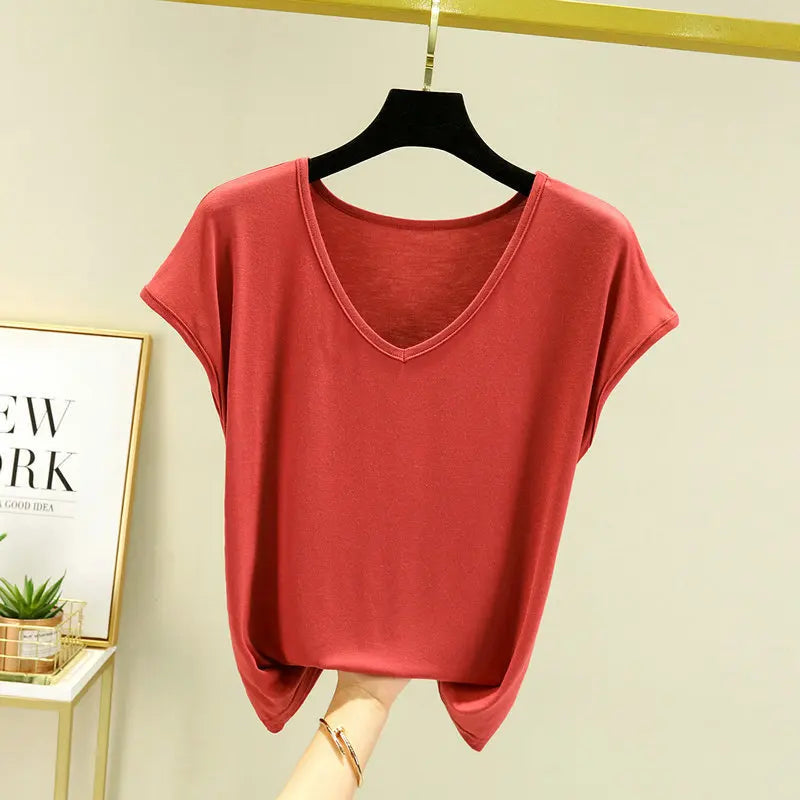 Modisches Modal-T-Shirt mit V-Ausschnitt, schmale Passform, Sommer NOOR08