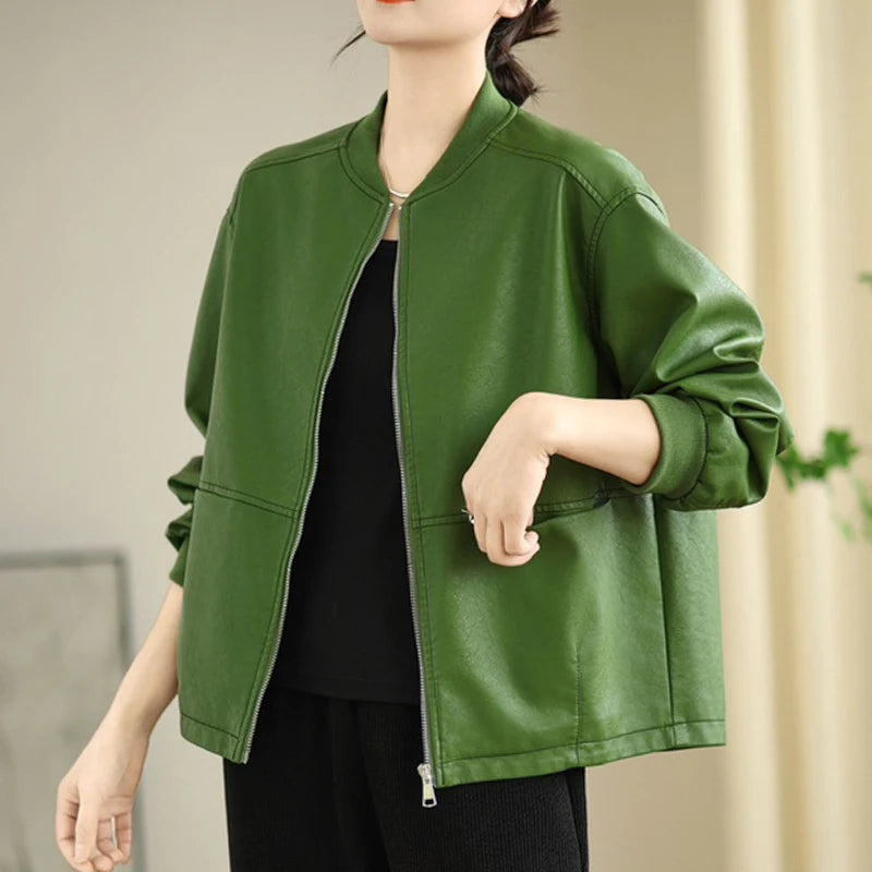 Lederjacke, Vintage, Damen, V-Ausschnitt, Windbreaker NOOR08