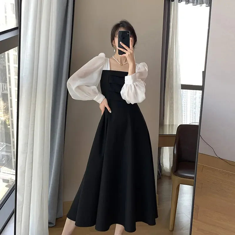 Langes Vintage-Kleid im französischen Stil, Schwarz, mit Schnürung NOOR08