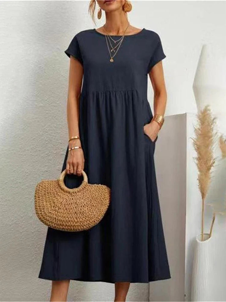 Elegantes Maxi-Kleid aus Leinen-Baumwolle, kurze Ärmel NOOR08