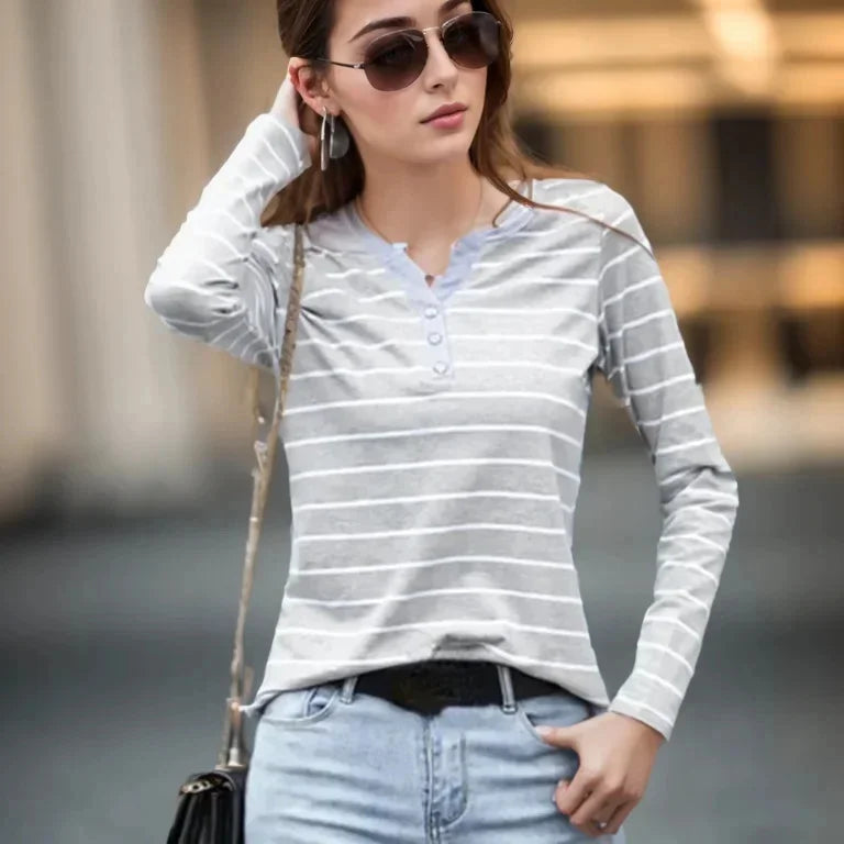 Damen V-Ausschnitt Bluse | Gestreiftes Langarm Shirt Frühling Herbst NOOR08