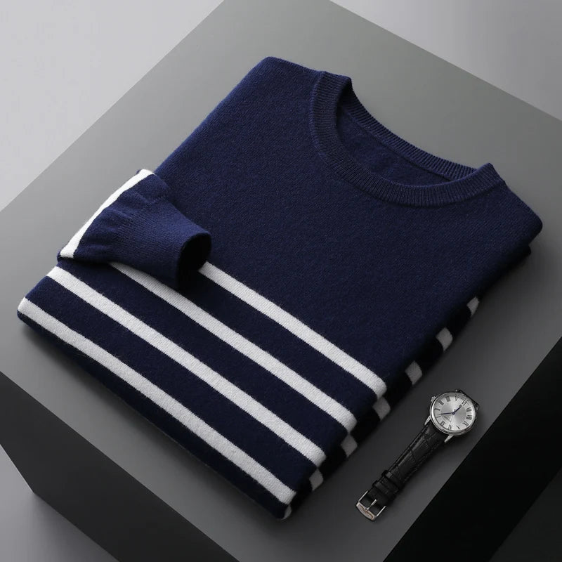 Herren-Pullover, 100% reine Wolle, Streifen, lockere Passform NOOR08