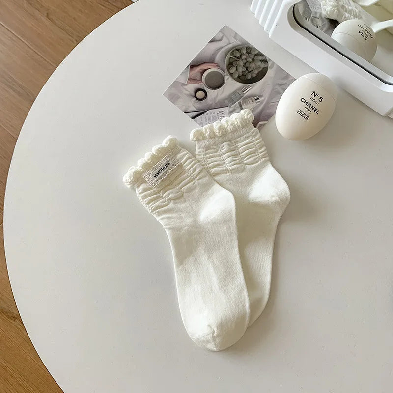 Damen Baumwollsocken Faltenrand Süß Koreanischer Stil NOOR08
