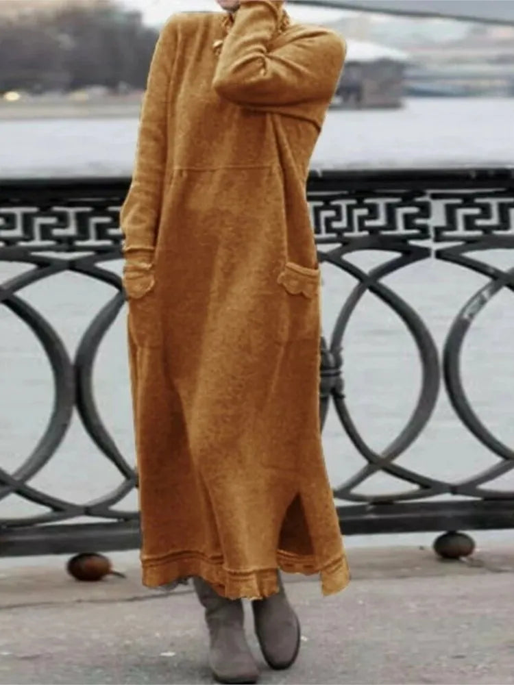 Langes Damen Maxi-Kleid für Herbst & Winter mit floraler Spitze NOOR08