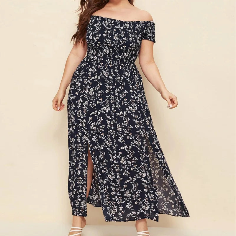 Langes Boho-Maxi-Kleid mit Blumenprint und schulterfreiem Schnitt NOOR08