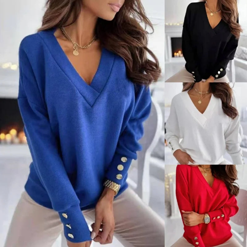 Ein warmer, weicher Strickpullover für Damen. V-Ausschnitt, lange Ärmel und lockere Passform. Ein einfacher, eleganter und lässiger Pullover mit Knöpfen, perfekt fürs Büro.

