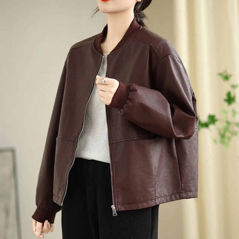 Lederjacke, Vintage, Damen, V-Ausschnitt, Windbreaker NOOR08