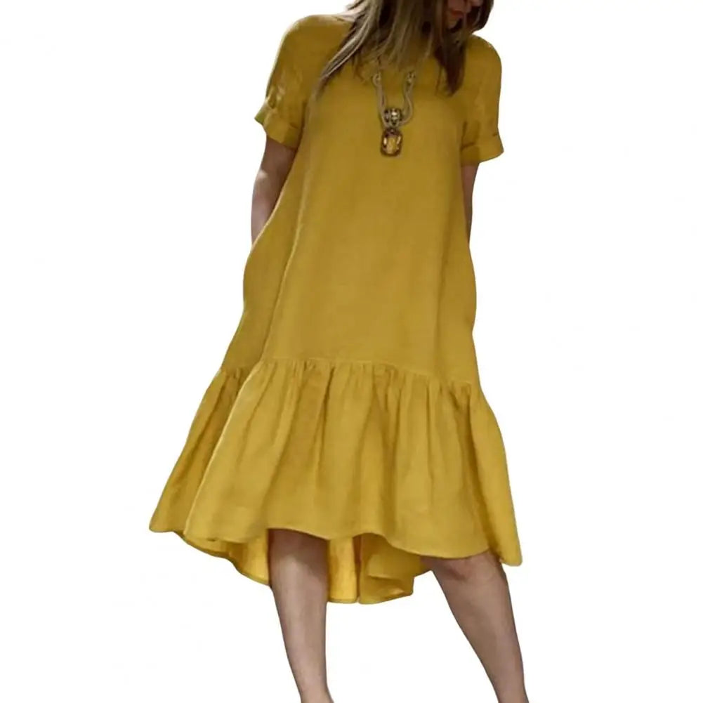 Einfarbiges Damen-Sommerkleid, A-Linie, Knielang mit Rüschensaum NOOR08