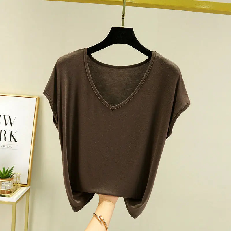 Modisches Modal-T-Shirt mit V-Ausschnitt, schmale Passform, Sommer NOOR08