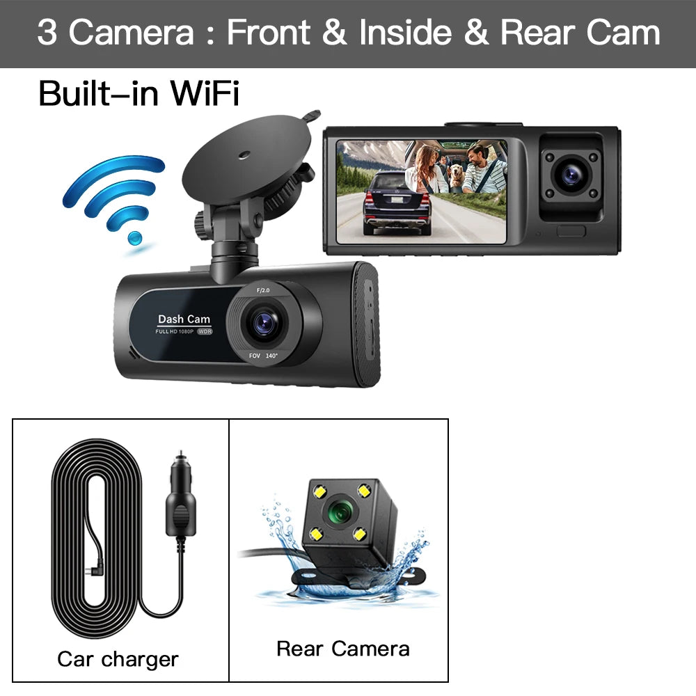3-Kanal Dashcam Full HD 1080P | Mit Front-, Innen- & Heckkamera NOOR08