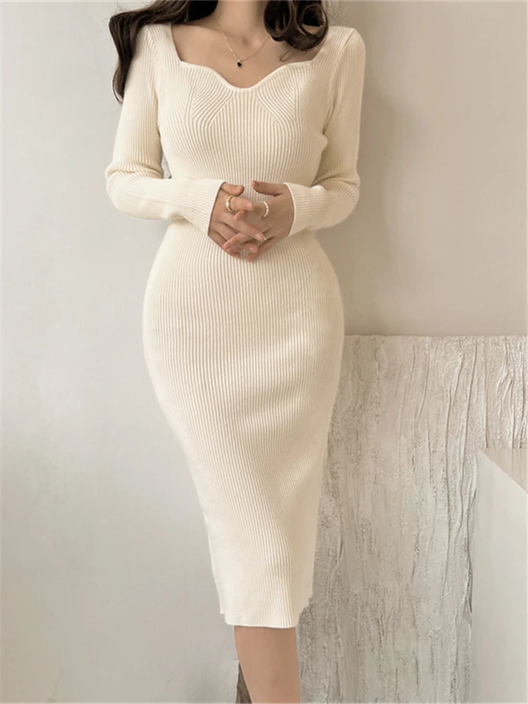 Seoulish 2025Herbst/Winter Bodycon-Strickkleid mit Wickel-Look NOOR08