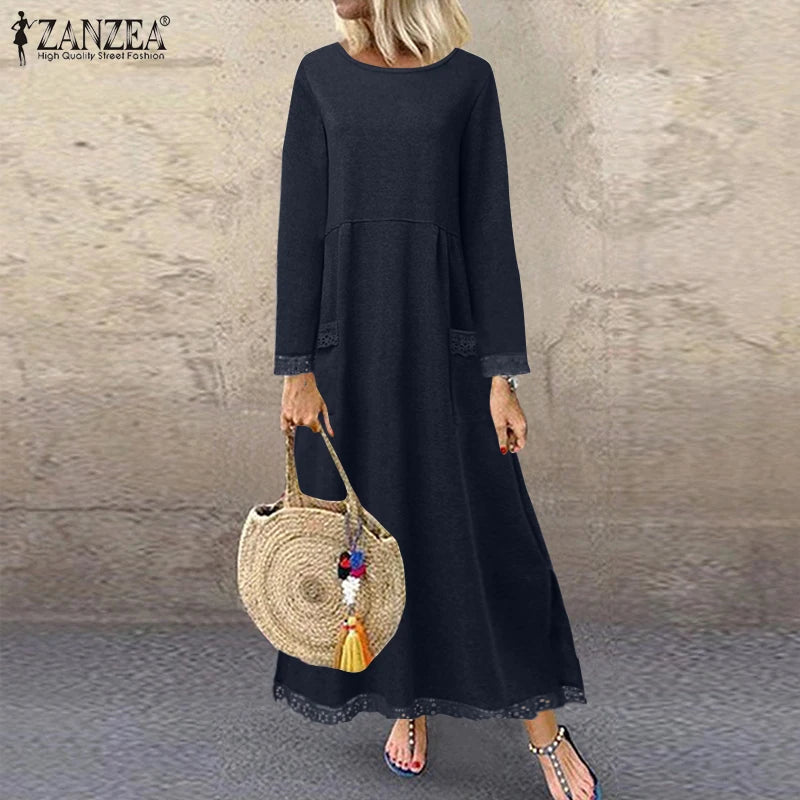 ZANZEA 2025 Herbst Sweatshirt-Kleid mit Spitze, O-Ausschnitt NOOR08