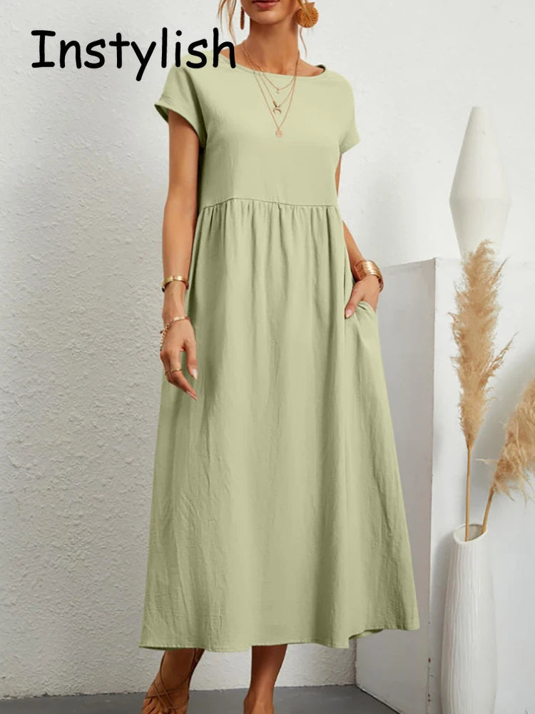 Elegantes Maxi-Kleid aus Leinen-Baumwolle, kurze Ärmel NOOR08