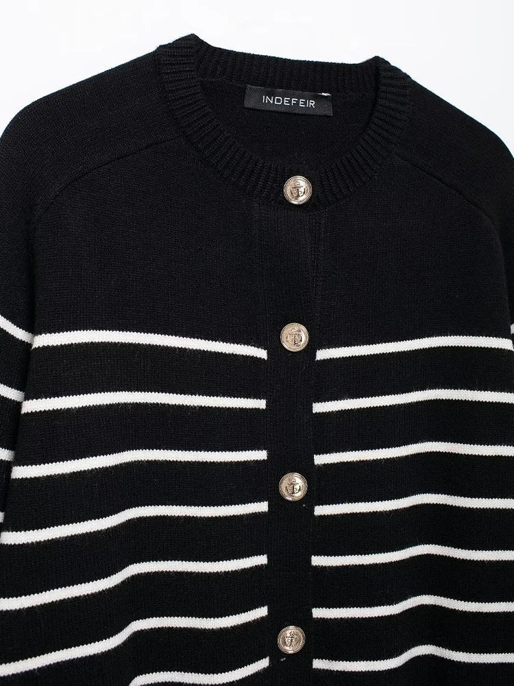 Damen-Strickpullover, Streifen, Strickjacke, Schwarz, Herbst NOOR08