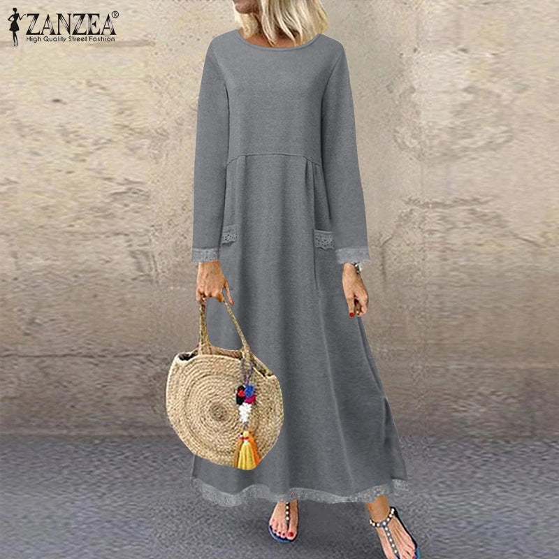 ZANZEA 2025 Herbst Sweatshirt-Kleid mit Spitze, O-Ausschnitt NOOR08