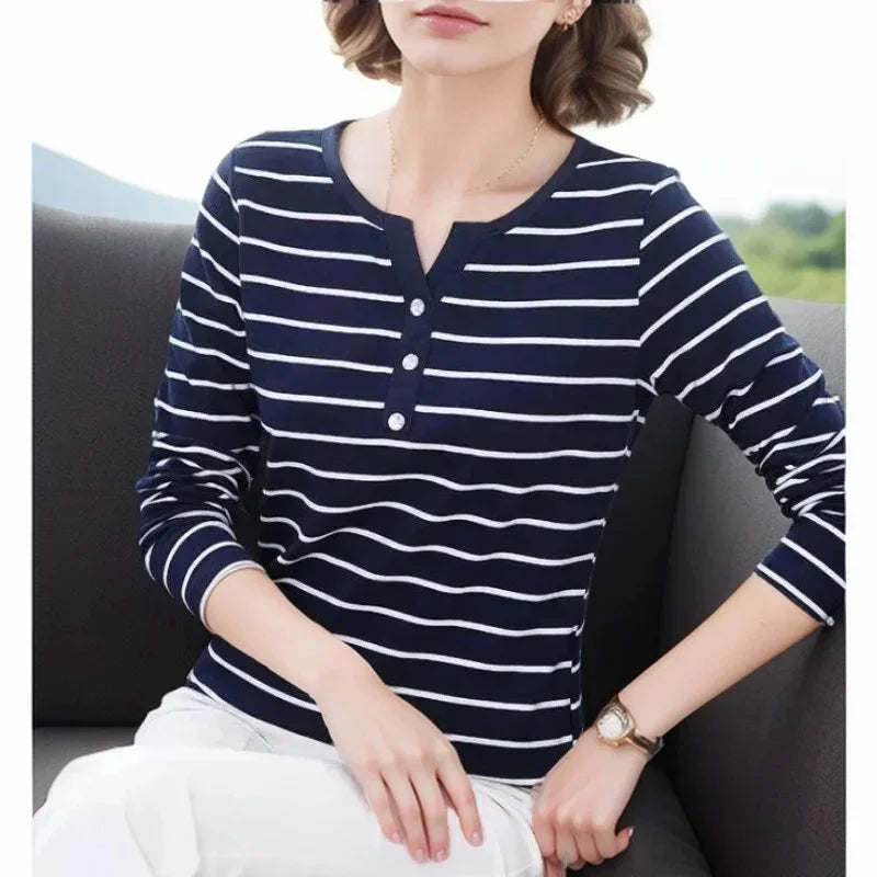 Damen V-Ausschnitt Bluse | Gestreiftes Langarm Shirt Frühling Herbst NOOR08